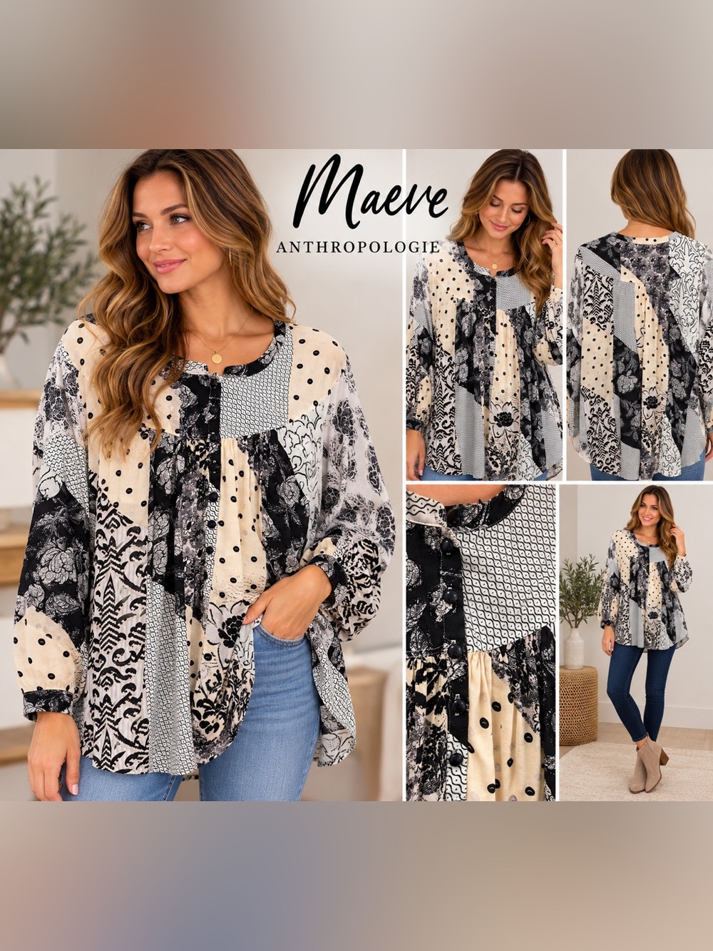 Maeve Anthropologie Boho Patchwork Tunic Blouse Black Cream Floral Large